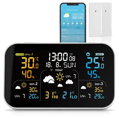 Produktbild von Brandson – Funk Wetterstation Wlan mit Außensensor – Farbdisplay – Wettervorhersage – Innen und Außentemperatur – WiFi Smart App Steuerung – Tuya Smart – Smart Life - mit 2 Außensensoren