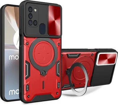 Produktbild von Handyhülle für Samsung Galaxy A21s  Dual-Layer Stoßfest Rüstung Hülle mit Dia Kameraschutz und Kreisförmig Ring Ständer Rot