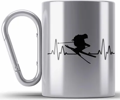 Produktbild von Trendation - Ski Edelstahl Tasse Karabiner Geschenk Grafik Herzschlag Geschenkidee Skifahrer Geschenk Winter (Silber)
