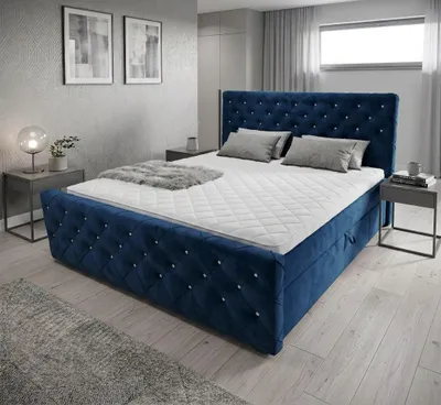 Produktbild von Boxspringbett mit kristallen CARMEN II 160 x 200cm, Amor Velvet 13 Blau, zwei Bettkästen und H3 Matratze,Komplett-Set mit Matratze und Topper,