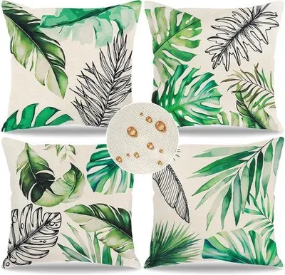 Image de Housses de coussin imperméables pour l'extérieur, 45 x 45 cm, motif de feuilles tropicales, décoration de jardin