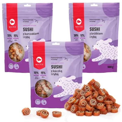 Zdjęcie produktu dla Maced Sushi Mix Smaków Kurczak Kaczka i Królik z Rybą Miękki Przysmak Treningowy Dla Psa 3x500g