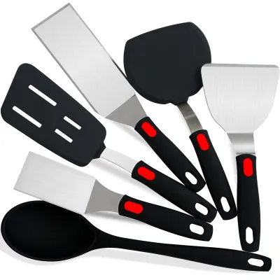 Produktbild von 6-teiliges Silikon-Wender-Set mit Edelstahl-Wender. Lebensmittelecht, temperaturbeständig bis 315 °C. Ideal zum Grillen, für Hamburger, Omeletts und Pfannkuchen.
