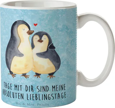 Produktbild von Mr. & Mrs. Panda haferl Pinguin umarmen - Eisblau - Geschenk, Motivtasse, Trinkbecher, Hochzeitsgeschenk, Jahrestag, Kaffeetasse, Tasse, Hochzeit, Liebe, Kaffeebecher