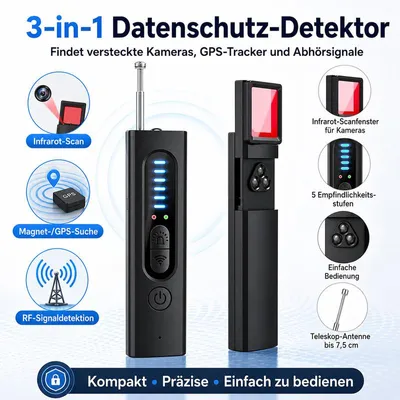 Produktbild von Anti-Spionage Detektor 4-in-1, RF Scanner und GPS Finder, 6 Stufen, mini Gerät, 24h Akku für Hotel und Auto