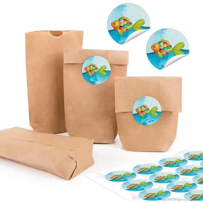 Produktbild von 24 kleine braune Papiertüten natur Kraftpapier 9 x 15 x 3,5 cm + 24 runde SCHÖN DASS DU DA BIST pink BUNT türkis blau grün gelb weiß Verpackung mini-Tüte GeschenkRegenbogenfisch bunt