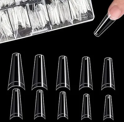 Produktbild von 500 Stücke Acryl Künstlich Nagelspitzen Falsche Nagel, Natürliche Nageltips mit Klar Box, Transparent Kunst Gefälschte Nägel Tipps Fake Coffin Nail Tips für Damen