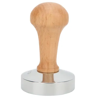A coffee tamper with a wooden handle and a silver base, isolated on a white background.