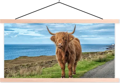 Produktbild von MuchoWow® Textilposter Schottisches Hochlandrind - Wasser - Hörner 120x60 cm mit holzfarbenen Rahmen - Klemmleiste