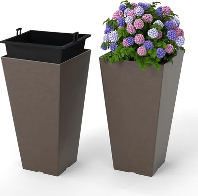 Produktbild von COSTWAY 2er Pflanzkübel mit Innentopf, Pflanzgefäße wetterfest, Blumentöpfe mit Entwässerungslöchern, PP Übertopf für Garten Braun 29,5x29,5x57cm