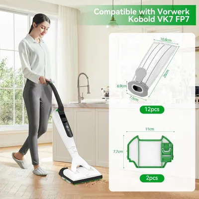Produktbild von 12 Stš¹ck Staubsaugerbeutel mit 2 Motorschutzfilter kompatibel mit Vorwerk Kobold VK7 FP7, Ersatz Staubbeutel Set kompatibel mit Vorwerk Vk7 Akku-Staubsauger