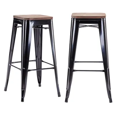 Produktbild von 2x Stuhl Hocker Metall Farbwahl Used Look Sitzfläche Holz Barhocker stapelbar, Farbe:Schwarz+Dunkles Holz , Material:Metall
