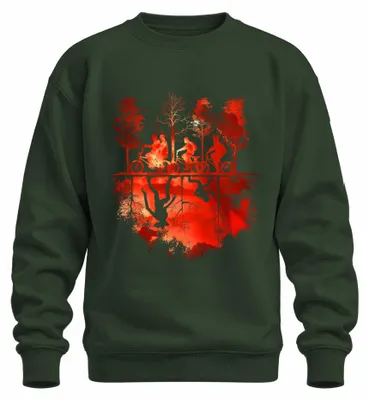 Imagen del producto de Sudadera con cuello redondo, estilo retro de los años 80, con diseño de bicicletas invertidas, temática de bosque, monstruos y terror, color verde botella, talla L