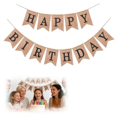 Produktbild von Happy Birthday Girlande Sackleinen Banner Vintage Leinen Schwarz
