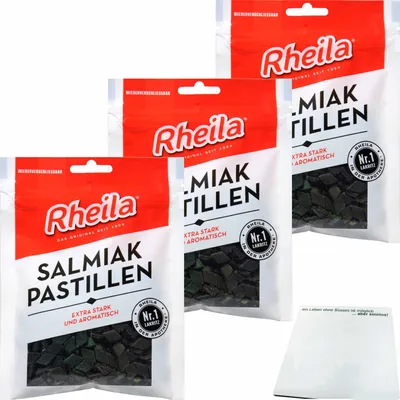 Produktbild von Rheila Salmiak Pastillen zuckerhaltig 3er Pack (3x90g Beutel) + usy Block