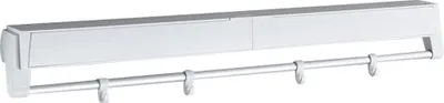 A white wall-mounted retractable clothes drying rack with four hooks.