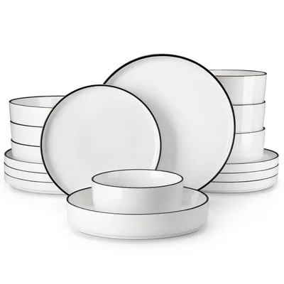 Obrázek produktu pro MALACASA, 16dílná sada porcelánového nádobí s černým pruhovaným okrajem, jídelní servis s talířem, dezertním talířem, polévkovým talířem a miskou