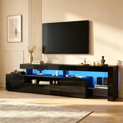 Produktbild von Merax TV-Schrank mit LED, Hochglanz Lowboard mit 3 Schränke und Offene Regale, TV Lowboard für TV bis 85-Zoll Fernseher, Schwarz