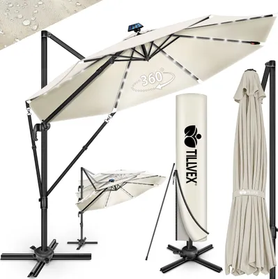 A collage of images showcasing a beige cantilever umbrella, its cover, and a folded umbrella.