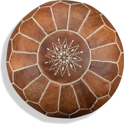 Produktbild von Marokkanischer Echtleder Pouf - Cognac braun - Handgefertigt - gefüllt geliefert - Ottoman Sitzsack Fußhocker