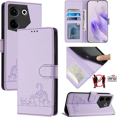 Produktbild von Leder Hülle für Tecno Camon 20 / 20 Pro 4G Süße Katze Flip Case Brieftasche Schutzhülle mit Standfunktion Lila