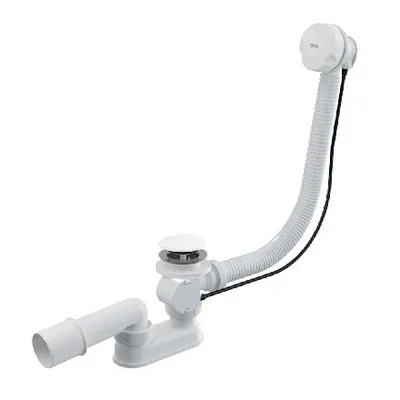 A white bathtub drain and overflow set with a flexible hose and a pull-up stopper.