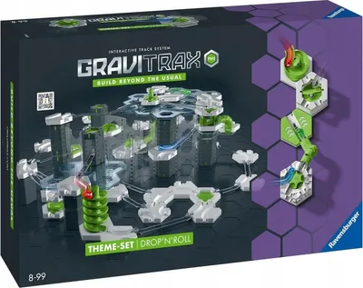 The image shows the box of a GraviTrax PRO Theme Set Drop'n'roll.