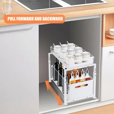 Produktbild von 2 Etagen Unterschrank Organizer küchenschrank,Ausziehbares Küchen Spülschrank Organizer mit Schiebeschubladen,Lagerregal für Küche,Höhenverstellbar