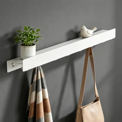 Produktbild von Mai & Mai Wandgarderobe mit Ablage und 4 Haken, Garderobenleiste mit versteckten Kleiderhaken, Kleiderstange Wandmontage 40cm, Sandweiß Stalo-11