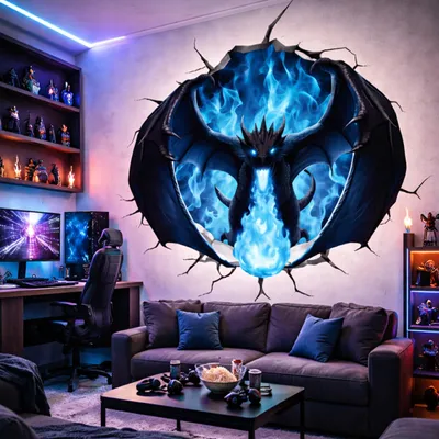 Obrázok produktu pre Decords – Nástenná dekorácia "Modrý ohnivý drak" s 3D efektom, 260 cm