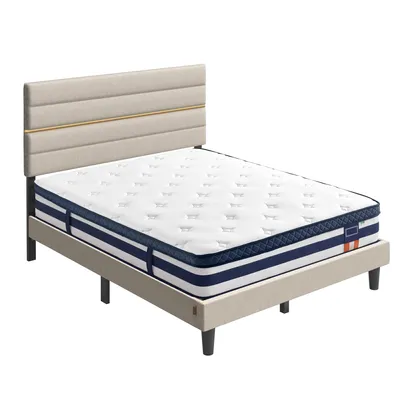 Produktbild von VASAGLE Polsterbett und 7-Zonen Taschenfederkernmatratze Set, H3, 140 x 200 cm, Hellbeige und Blau