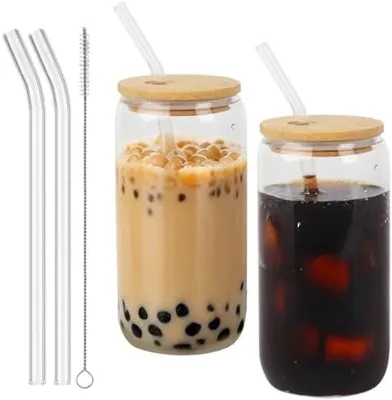 Produktbild von PromoHome® Set von 2 Glas-Trinkbechern mit Strohhalmen – 500 ml, spülmaschinenfest