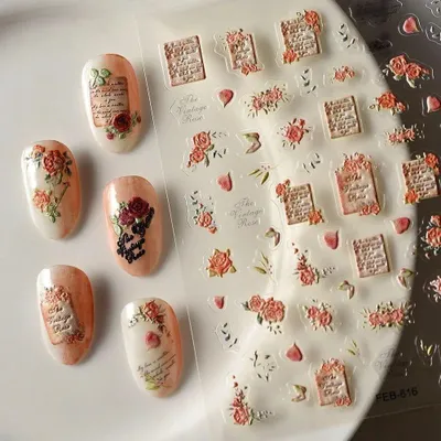 Obrázek produktu pro 3D samolepky na nehty Samolepicí konvexní vzor INSCRIPTIONS KVĚTINY RŮŽE