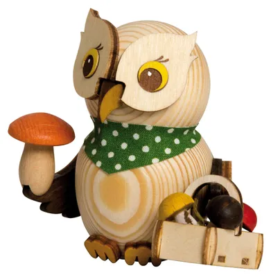 Produktbild von Drechslerei Kuhnert - Mini-Eulen aus Holz - Pilzsucher - ca. 7 cm groß - als Dekoration oder Geschenk geeignet