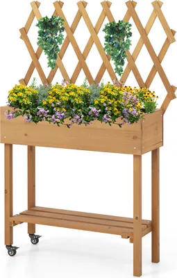 A wooden planter box with a trellis and plants, set against a white background.