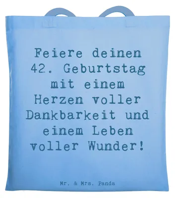 Produktbild von Mr. & Mrs. Panda Tote Bag Spruch 42. Geburtstag Wunder - Sky Blue - Geschenk, Schultasche, feiern, Einkaufstasche, handgefertigte Geschenke, Erfolge, Shopping Tasche