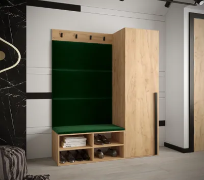 Obrázek produktu pro Předsíňová stěna s čalouněnými panely HARRISON - dub zlatý, zelené panely