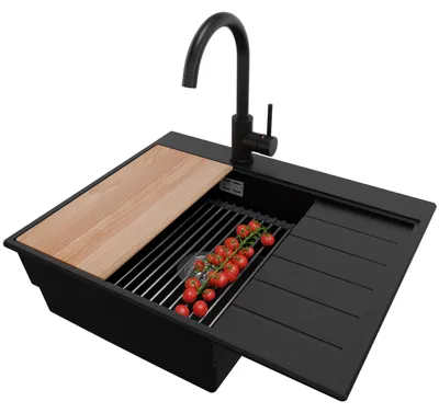 Produktbild von PRIMAGRAN Granitspüle Schwarz 62x50cm, Spülbecken 1 Becken + Küchenarmatur 32x20cm + Ablauf-Set + Küchenzubehörset, Küchenspüle ab 45er Unterschrank - Sydney