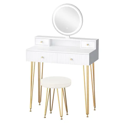 Produktbild von ALFORDSON Modernes LED-Schminktisch-Set in Weiß & Gold, Spiegel, Schubladen und passender Hocker, platzsparender Frisiertisch für Schlafzimmer, Weiß