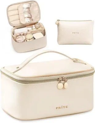Produktbild von Große Kosmetiktasche für Damen, wasserdichte Toilettentasche aus Leder, Reisetasche, Kosmetiktasche, tragbarer Make-up-Organizer mit Griff und abnehmbaren Fächern