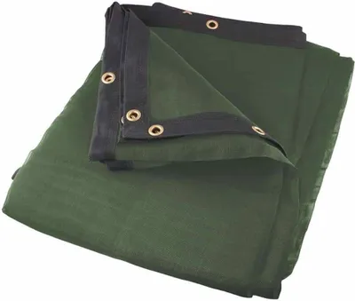 A folded green tarp with black reinforced edges and grommets.