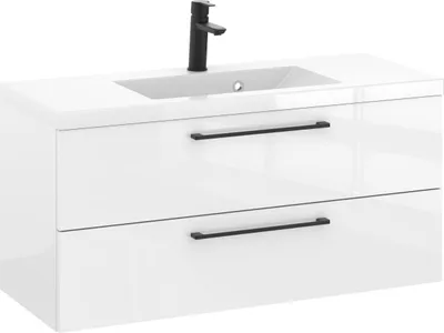 Produktbild von Rosen 100 cm Badezimmerschrank mit Waschbecken und Schwarz Griffen - Zeitloses Design für Elegantes Bad