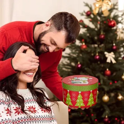 Set von 4 runden Geschenkboxen mit Deckel - Weihnachtsmotiv - Aufbewahrungsboxen aus Karton