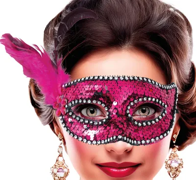 Imagen del producto de Máscara de carnaval, estilo Venecia, color rosa, con lentejuelas y plumas, ideal para disfraces, fiestas de carnaval o bailes elegantes
