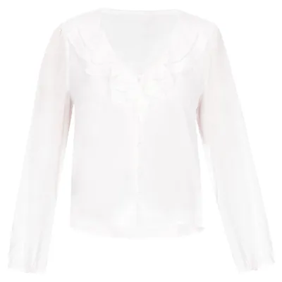 Produktbild von Elegante Damen Bluse Weiß mit V-Ausschnitt, Rüschen und langen Laternenärmeln Größe M