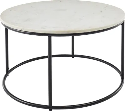 Produktbild von Wohnzimmertisch "Belfort" aus Marmor weiß, Metall in schwarz. Abmessungen (DxH) 80x46 cm
