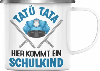 Produktbild von Trendation - Einschulung Junge Tatü Tata Schulkind Geschenk für Schultüte Füllung Emaille Tasse Schulstart 1. Schultag Schuleinführung Schulanfang Geschenkidee 2022 (Silber)