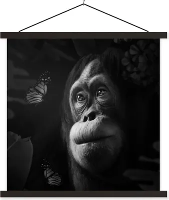 Produktbild von MuchoWow® Textilposter Schmetterling - Affe - Dschungel - Schwarz - Weiß 120x120 cm mit schwarzem Rahmen - Aufhängungsset