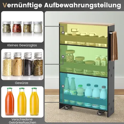Produktbild von Rollbarer Aufbewahrungswagen aus Holz mit 4 Ebenen und Griff, Schwarz/Natur