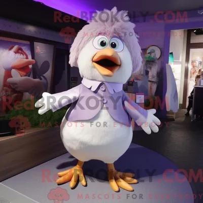Produktbild von Maskottchenfigur REDBROKOLY einer Lavendelmöwe mit Rollkragen und Haarspangen